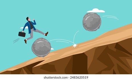 overcome obstacle on business growth for career success, leadership skill concept, effort or adversity for business growth, businessman jump over falling boulder to climb up hill of success