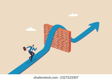 Overcome obstacle, solving business problem, win over business barrier or difficulty, challenge or solution for career path, effort or decision concept, businessman run on road cross over brick wall. - Shutterstock ID 2327223307