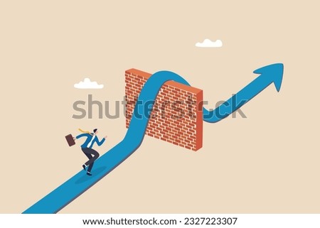 Overcome obstacle, solving business problem, win over business barrier or difficulty, challenge or solution for career path, effort or decision concept, businessman run on road cross over brick wall.