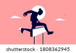 Overcome obstacle - Woman jumping a hurdle as a symbol of conquering adversity. Female goals, winning, and success concept. Vector illustration.