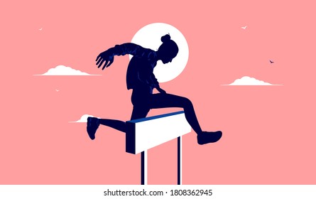 Overcome obstacle - Woman jumping a hurdle as a symbol of conquering adversity. Female goals, winning, and success concept. Vector illustration.