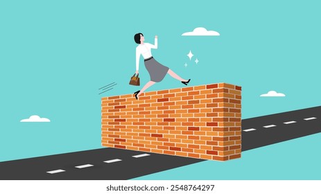 superar obstáculos no conceito de negócio, símbolo de risco de negócio, determinação, motivação para o sucesso, Empresária pulando tijolo Muro conceito ilustração