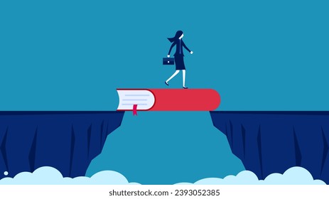 Overcome obstacles with knowledge. Businesswoman crossing the book bridge 