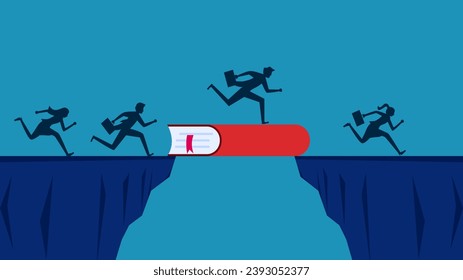 Superar obstáculos con el conocimiento del equipo. equipo de hombres de negocios a través del puente del libro 