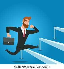 Overcome obstacles. Manager jumping over ascending obstacles like hurdle race. Business concept vector illustration.