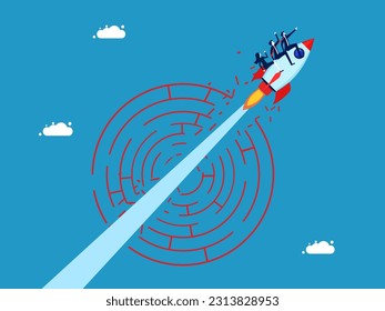 Overcome obstacles and problems through innovation. A team of businessmen flying on a rocket through a mysterious maze