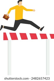 Overcome obstacles and success concept. Businessman holding briefcase jumping over hurdle race obstacle. Cartoon Vector Illustration