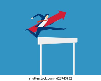 Overcome obstacles and success concept. Businessman holding red arrow jumping over hurdle race obstacle. Cartoon Vector Illustration