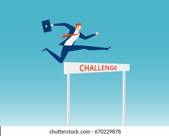 Overcome obstacles and success concept. Businessman holding briefcase jumping over hurdle race obstacle. Cartoon Vector Illustration