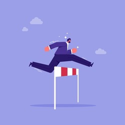 Overcome Obstacles And Success Concept, Obstacles Or Motivation To Solve Problem And Lead Company Achievement, Businessman Jumping Over Hurdle Race Obstacle