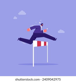 Overcome obstacles and success concept, obstacles or motivation to solve problem and lead company achievement, businessman jumping over hurdle race obstacle