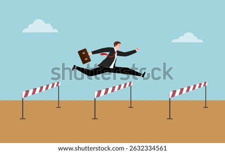 Overcome obstacles and success concept, obstacles or motivation to solve problem and lead company achievement, businessman jumping over hurdle race obstacle