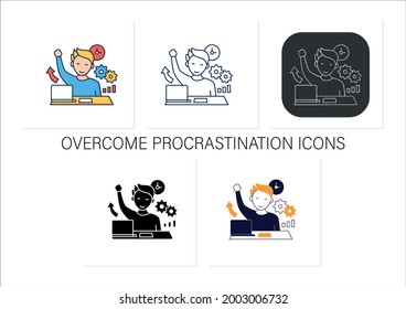 Overcome procrastination icons set. Solve work problems. Fight depression. Happy person. Overload concept.Collection of icons in linear, filled, color styles.Isolated vector illustrations