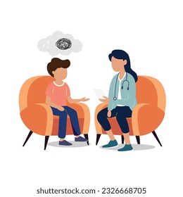 Overcome psychotherapy scene between boy and psychiatrist flat vector illustration.