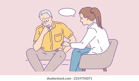 overcome psychotherapy scene between senior man and psychiatrist outline flat vector illustration