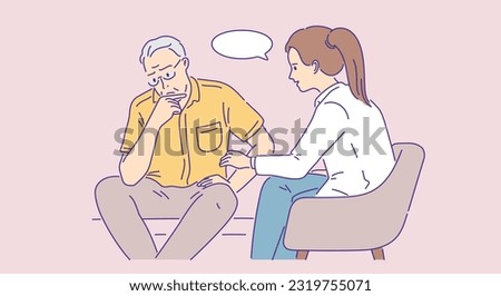 overcome psychotherapy scene between senior man and psychiatrist outline flat vector illustration