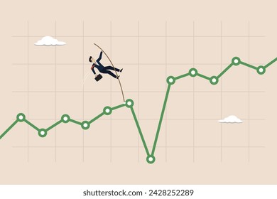 Overcome stock market down or crypto currency market drop, investment risk challenge concept, confident businessman investor pole vault jump over market drop graph.