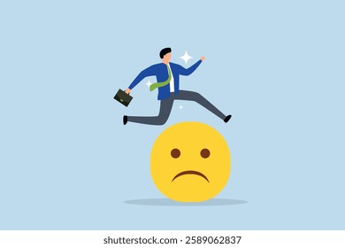 Overcome stress and anxiety, businessman jump over sad and negative emotion face.