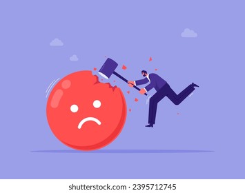 Overcome stress and anxiety concept, emotional problem, depression or mental illness, sad and stressful, businessman uses sledgehammer and attack bad emoji sign