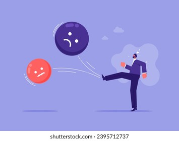 Overcome stress and anxiety, emotional problem concept, uncertainty or worried about work, businessman kick off sad and negative emotion face