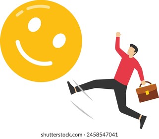 Overcome stress and anxiety, emotional problem, uncertainty or worried about work, depression or mental illness, sad and stressful concept, businessman kick off sad and negative emotion face.

