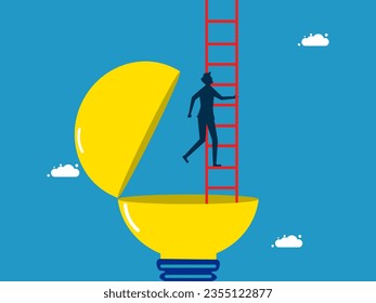 Overcome success. Businessman climbing up the stairs from the big light bulb 