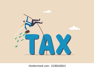 Overcome tax problem, expert advice for taxation or financial challenge concept, confidence businessman holding money briefcase pole vault jump over the word TAX.