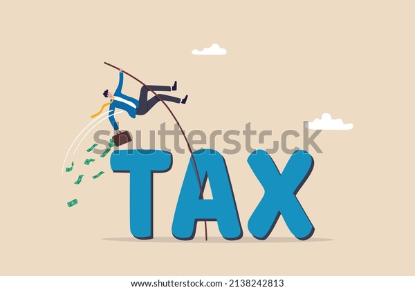 Overcome tax problem, expert\
advice for taxation or financial challenge concept, confidence\
businessman holding money briefcase pole vault jump over the word\
TAX.