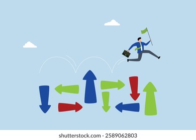 Overcome uncertainty, entrepreneur leaping towards unpredictability with arrows pointing in various directions. 