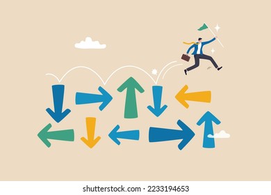 Superar la incertidumbre, tomar decisiones o determinación para lograr el éxito, la adversidad o la valentía para resolver el concepto de problema o dificultad, el hombre de negocios salta sobre la incertidumbre con flechas de dirección al azar.