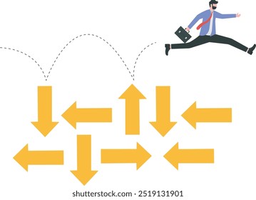 Superar la incertidumbre, tomar decisiones o la determinación para lograr el éxito, la adversidad o el coraje para resolver el problema o el concepto de dificultad, el hombre de negocios saltando sobre la incertidumbre flechas de dirección aleatoria.
