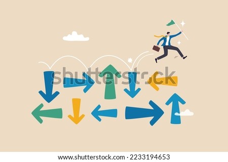 Overcome uncertainty, make decision or determination to achieve success, adversity or courage to solve problem or difficulty concept, businessman jumping on uncertainty random direction arrows.