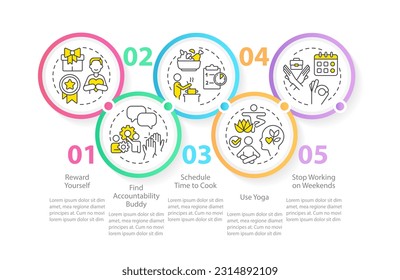 Superar la plantilla de infografía de grabación de trabajo. Cuídate. Visualización de datos con 5 pasos. Gráfico de información de línea de tiempo editable. Diseño de flujo de trabajo con iconos de línea. Se usa una infinidad de tipos de letra Pro-Regular