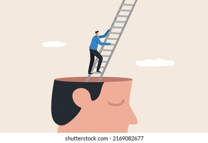 Overcome your limits. crosses the limit of thought. Transcending the limits of learning. Overcome success. looking for new challenges. Young man climbed the stairs from the giant head.