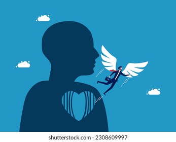 Overcome yourself and get out of the heart cage. Businessman with flying wings