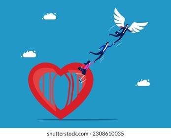 Overcome yourself and get out of the heart cage. Business team with flying wings
