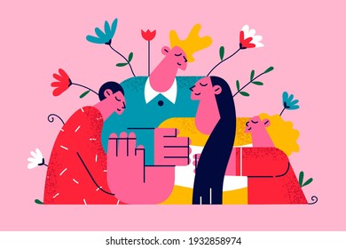 Overcoming Breast cancer and disease awareness concept. Happy family with children hugging young mother, solidarity and survivor support vector illustration