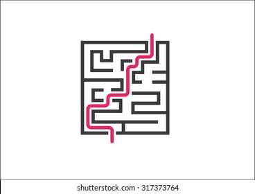 Overcoming business challenges and obstacles. Vector illustration of maze / labyrinth with red growth curve.