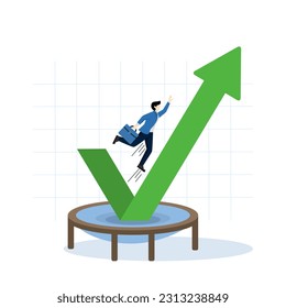 overcoming business fall and increasing profit or leadership and achievement concept, Stock market rebound, businessman jumping high on trampoline with increasing green performance arrow graphic.