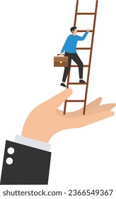 Overcoming business obstacles, Barriers or difficulty, Challenge to solve business problems and see opportunity, Climb up ladder to overcome hand stopping him

