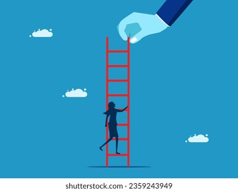 Overcoming business obstacles. Businesswoman is about to climb up the stairs to defeat the giant hand