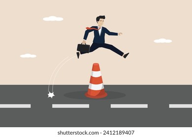 Overcoming business obstacles, overcoming work problems, smart brave businessman runs around and jumps over traffic pole obstacles.