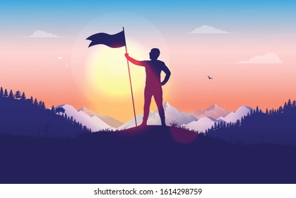 Overcoming challenge. Person holding a raised flag on mountain top. Waving flag, beautiful landscape, mountains in background. Personal goals, Success, leadership, achievement concept. Illustration.