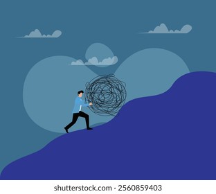 Overcoming Challenges and Problem Solving Concept with Tangled Ball of Thoughts 2d flat vector illustrations