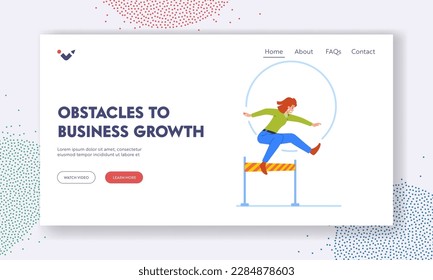 Overcoming Challenges In Professional Environment Landing Page Template. Businesswoman Jumps Over Barriers