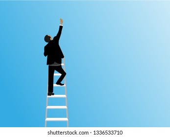 Overcoming concept. Ladder through wall. Business challenge and solution. Obstacle on way. Businessman in suit standing on stairs. Vector illustration flat design. Isolated on background
