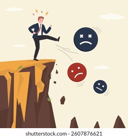 Overcoming crisis, stress and anxiety. Stop emotional problems. Businessman kick off sad and negative emotions from cliff to down. Positive thinking, good mood. Mental health. flat vector illustration