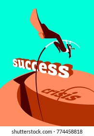 Overcoming the crisis. Success. Pole vault. Vector illustration