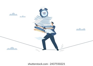 Overcoming difficult, dangerous, challenging, Lots of cumbersome documents, with time limits or too little time, Businessman carrying many documents and files walks on tightrope with alarm clock.