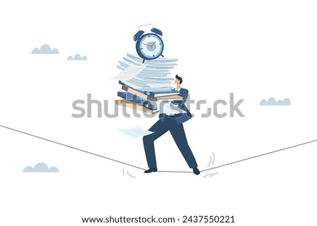 Overcoming difficult, dangerous, challenging, Lots of cumbersome documents, with time limits or too little time, Businessman carrying many documents and files walks on tightrope with alarm clock.